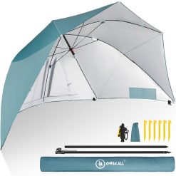 Homecall Parasol de plage et de plage 2 en 1 commutable, diamètre : 270 cm, grand, avec fenêtre, coupe-vent, imperméable, protection solaire UV50+, pour 2 à 3 personnes, bleu