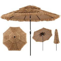 COSTWAY Parasol de Jardin Exterieur Ø 313 cm, Parasol Plage en 9 Couches Paille, 32 Lumières LED Solaire, Inclinaison et Manivelle, 8 Baleines, Parasol Hawaïen à 2 Niveaux pour Jardin Plage Piscine