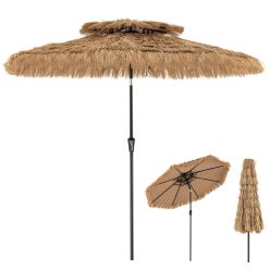 GOPLUS 2,7M Parasol en Paille PE, Parasol Chaume Hawaïen Tropical, avec Double Toit Inclinable 35°, 8 Baleines, 9 Couches, Manivelle, Protection Solaire, pour Jardin Plage Patio