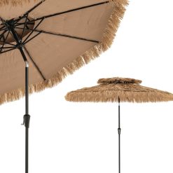 RELAX4LIFE Parasol de Plage Hawaï Tropicale Dia.286x247cm, Parasol Paille en PE avec Inclinaison Réglable 8 Baleines Mât en Fer Double Toit pour Plage Patio Piscine, Base Non Inclus