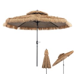 GOPLUS 3M Parasol Paille en PE, avec Double Toit Inclinable 30°, 8 Baleines, 12 Couches, Bloquer Soleil, Parasol Chaume de Style Hawaïen Tropical pour Patio/Terrasse/Jardin, Base Non Incluse