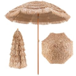 GOPLUS 2,2M Parasol Paille de Plastique, Parasol de Plage avec 8 Baleines, Parasol Inclinable de Style Tropical Hawaïen, UPF 30+, Parasol de Jardin Patio Terrasse, Base Non Inclus (Naturel)